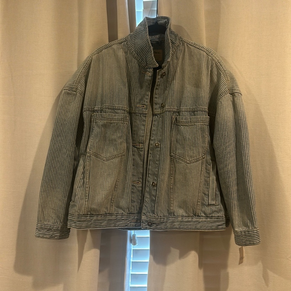 Free People Striped Cotton Jean Jacket in Faded Blue